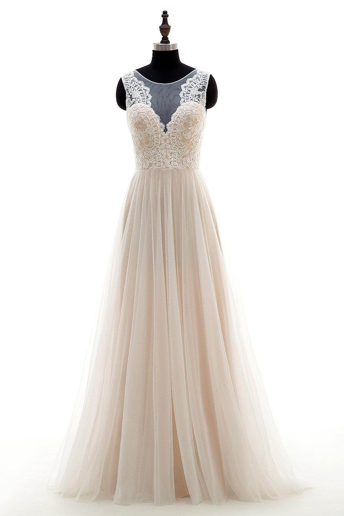 A-Line Sweep-Brush Train Tulle and Lace Wedding Dress LD3569 - COCOMELODY